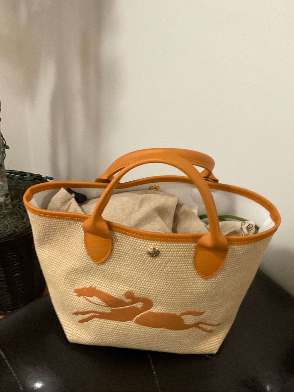 Longchamp Beige Woven Crossbody Tote with Orange Trim